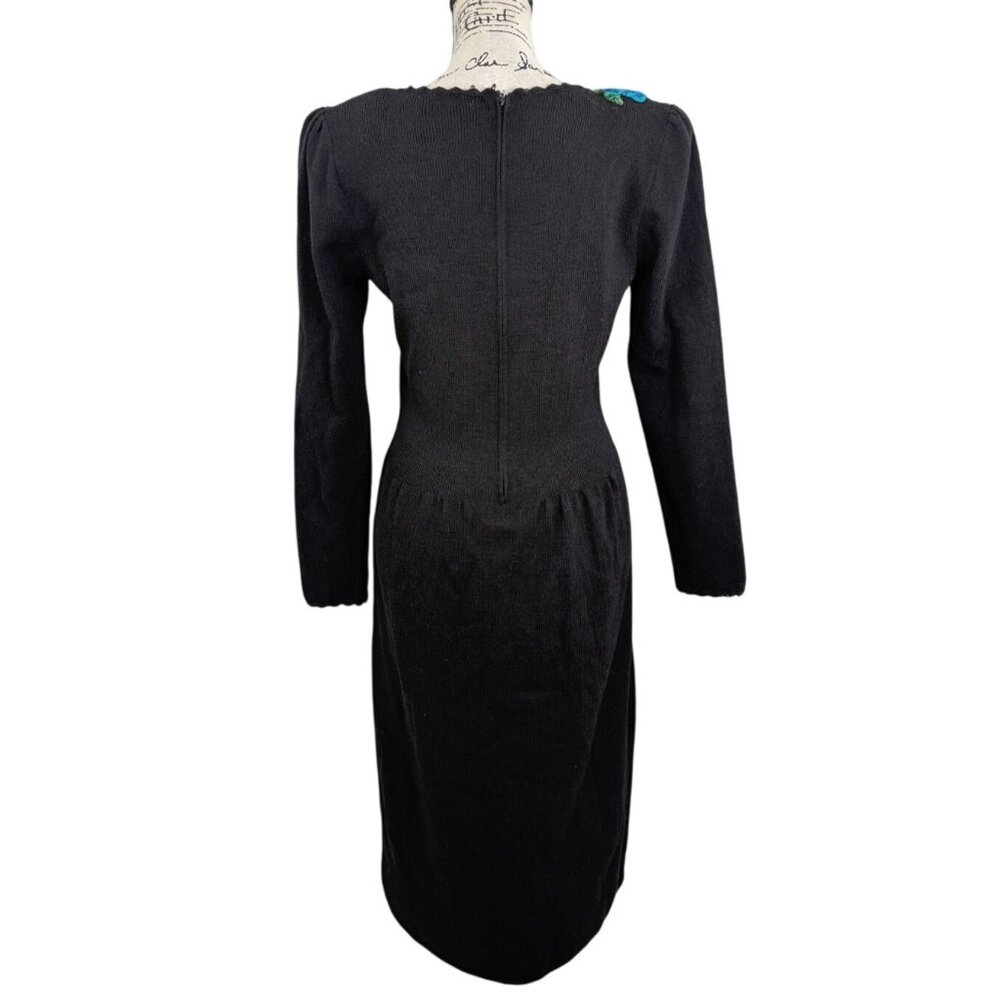 Don Sayres Wellmore Black Santana Knit Dress Floral Applique USA 80s Vtg Size 10 - Picture 4 of 8